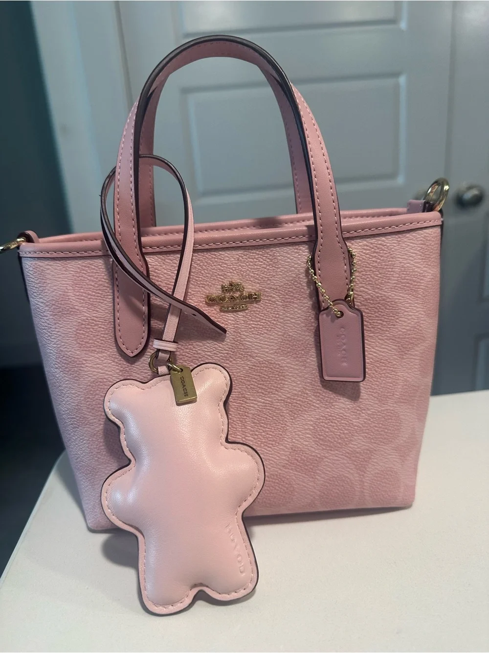 Coach Powder Pink Mini City Tote with wristlet and bear charm